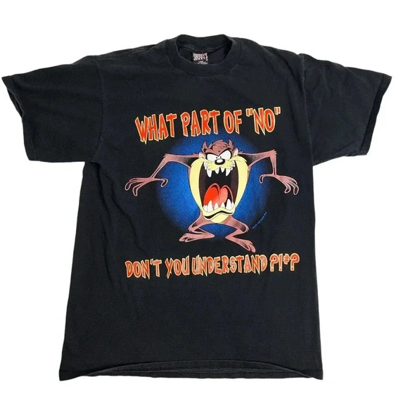 1996 TAZ Devil  "What Part of NO" Black T-Shirt Size Medium Humor - Picture 1 of 6